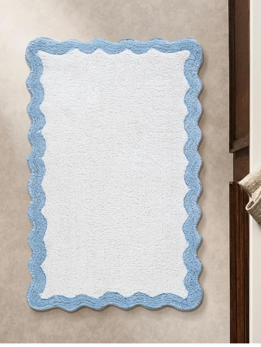 White Bath Rug with Light Blue Scalloped Edge